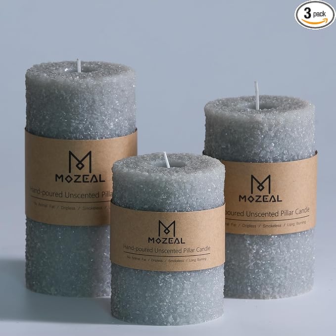 MOZEAL Hand-Poured Granular Texture Decorative Gray Pillar Candles Set of 3 (3'x4' 5' 6'),Approx 300 Hours Burn Time Dripless, Unscented, Smokeless