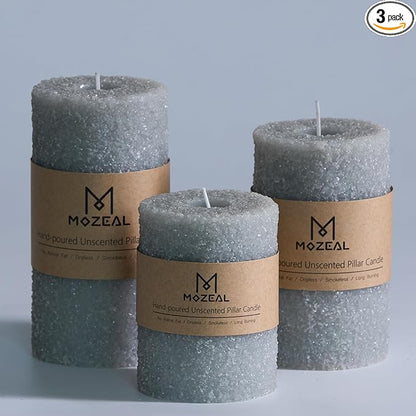 MOZEAL Hand-Poured Granular Texture Decorative Gray Pillar Candles Set of 3 (3'x4' 5' 6'),Approx 300 Hours Burn Time Dripless, Unscented, Smokeless