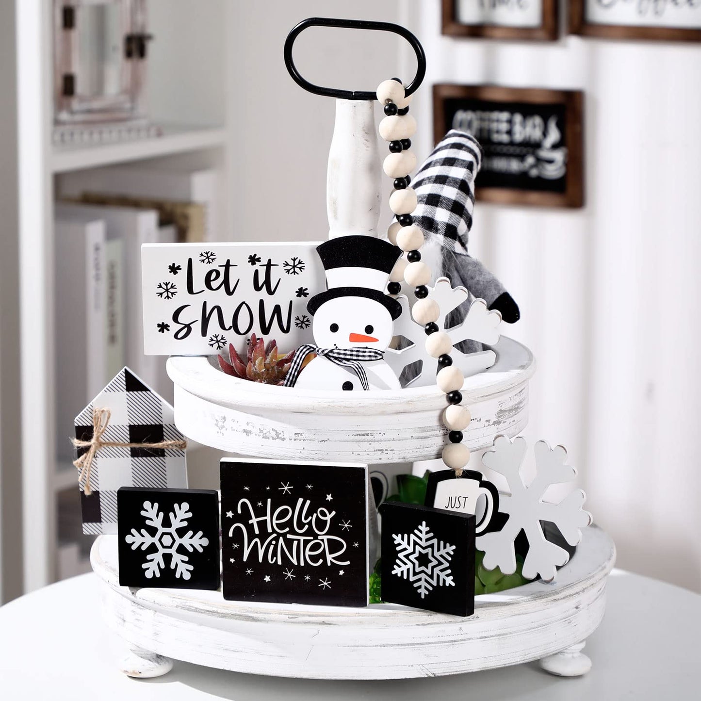 Sawysine 8 Pieces Winter Tiered Tray Decor, Let It Snow Sign Decor Farmhouse Snowflake Wooden Signs for Holiday Shelf Kitchen Coffee Bar(Black, White)