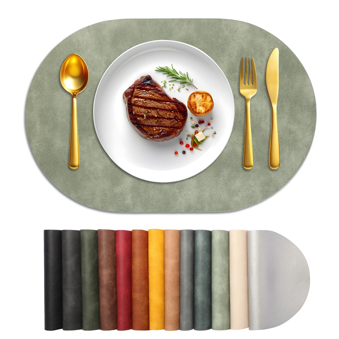 UnivoColors Placemats Oval Faux Leather Placemats,Heat Resistant Placemats Set of 4 Washable 12x17 Inch,Waterproof Table Mats,Wipeable Pu Place Mats for Kitchen,Dining Room.Green
