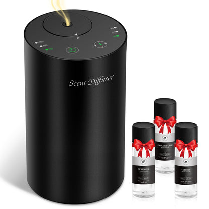 Waterless Essential Oil Diffuser Starter Kit - No Water Needed, Battery Operated Mini Scent Air Machine, Included 3x20ML Essential Oils, Portable Aromatherapy Diffuser for Home & Car & Office, Black