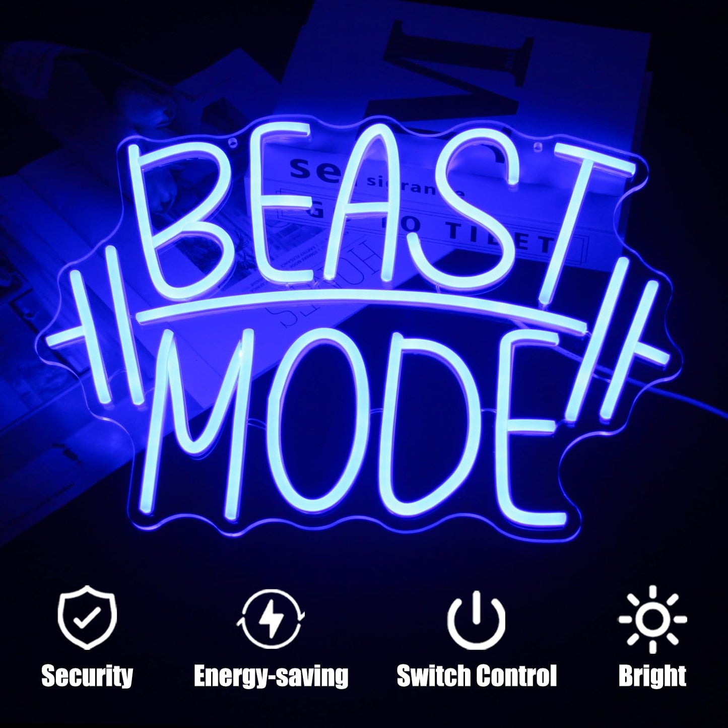 CKTBLEY Beast Mode Neon Sign Blue Letter Neon Gym Signs Motivational Wall Art Gym Decor Barbell LED Neon Lights Signs Dumbbell Neon Light for Bedroom Gym Sports Room Man Cave Decor