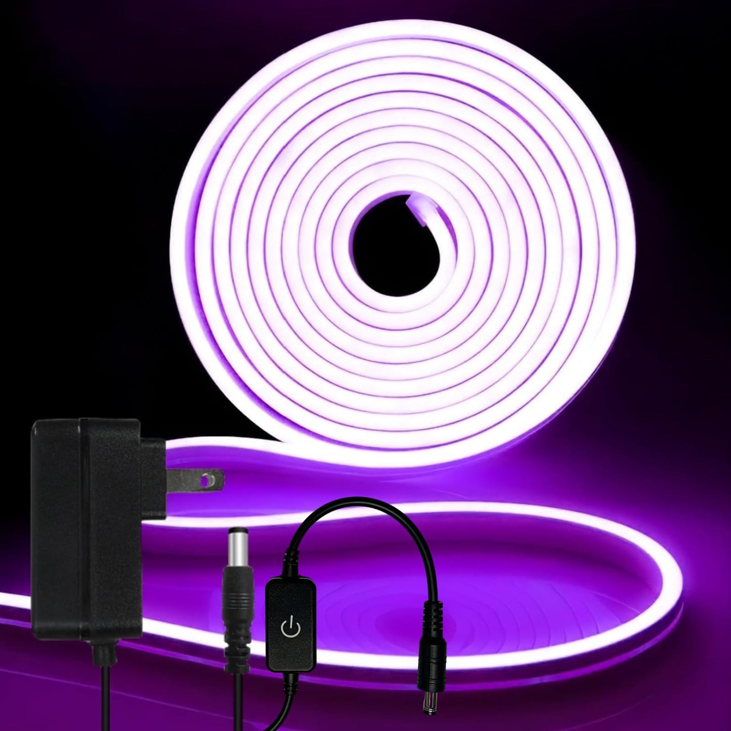 iNextStation 5M/16.4FT Purple Neon LED Strip Light, 12V Flexible Silicone Neon Rope Lights, IP65 Waterproof Cuttable LED Light with Adapter and Touch Dimmer for Gaming Room, Bedroom(with Adapter)