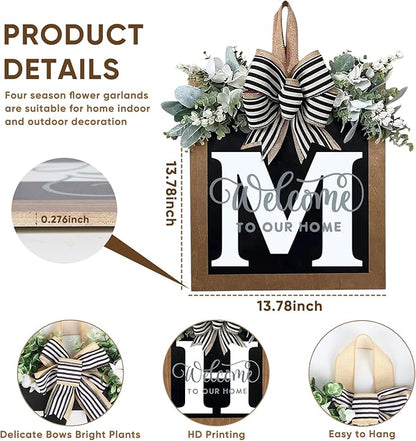 Ultra Large 14'' Last Name All Year Round Front Door Wreath with 26 Initial Letter Welcome Sign All Seasons Eucalyptus Garland and Bow Wreaths for Front Door Porch Farmhouse Decoration (M)