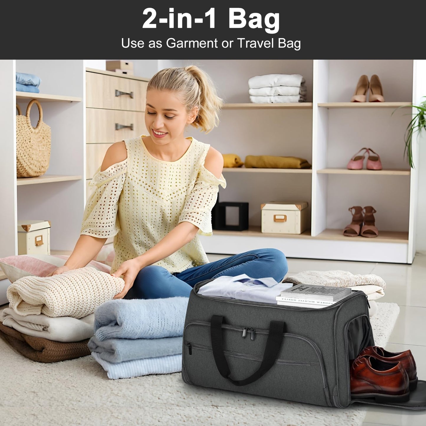 Vagtiivo Travel Garment Bag, 55L 2-in-1 Convertible Carry-On Suit Bag with Full-Zip 360-Degree Protection for Business Travel & Weddings, Hanging Suitcase Duffel Bag, Midnight Grey