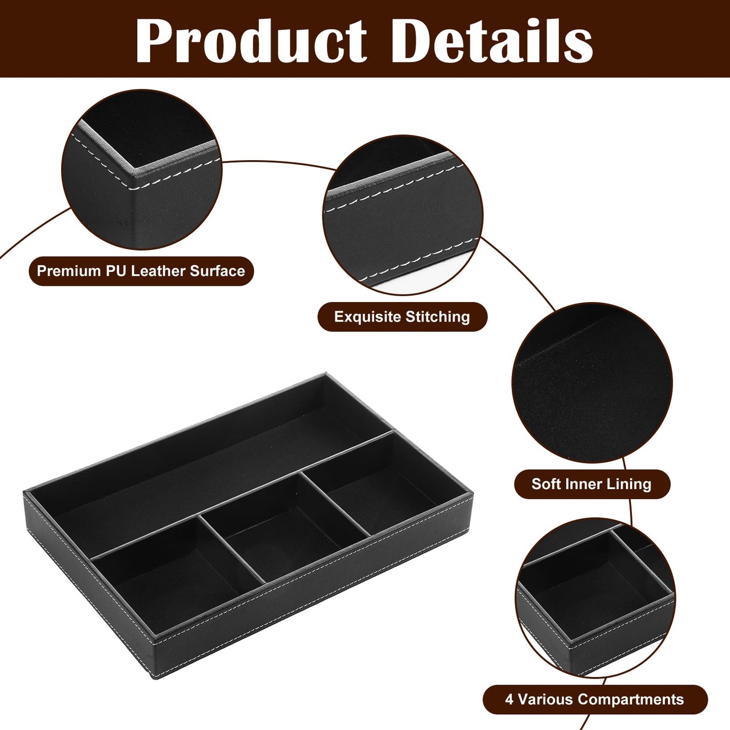 kenaeooe 2-Piece Faux Leather Valet Tray Set, Drawer Storage Organizer Divider for Desk, Nightstand, Jewelry, Keys, Wallet, Sunglasses, Phone, Watch - Black