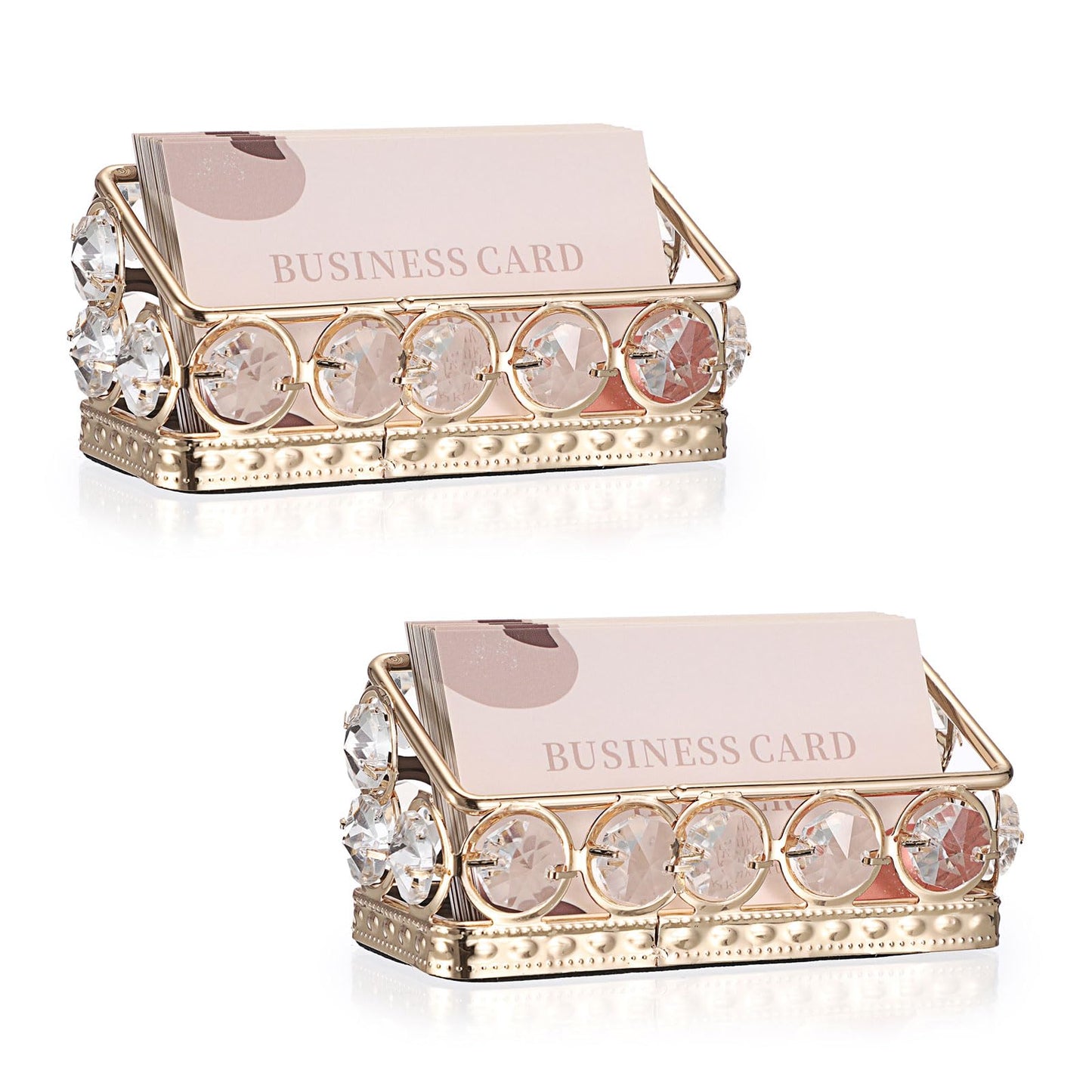Hipiwe 2 Packs Crystal Business Card Holder Gold Metal Business Card Display Holder for Desk Bling Office Desktop Business Card Storage Organizer with Mirror Base