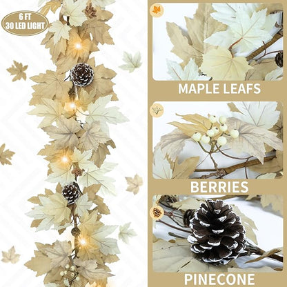 6 FT Realistic Fall Garland with Lights Timer Function Fall Leaves Maple Garland with Berries Pine Cones Autumn Automatic Fall Decorations for Home Mantle Fireplace Porch Table Decor