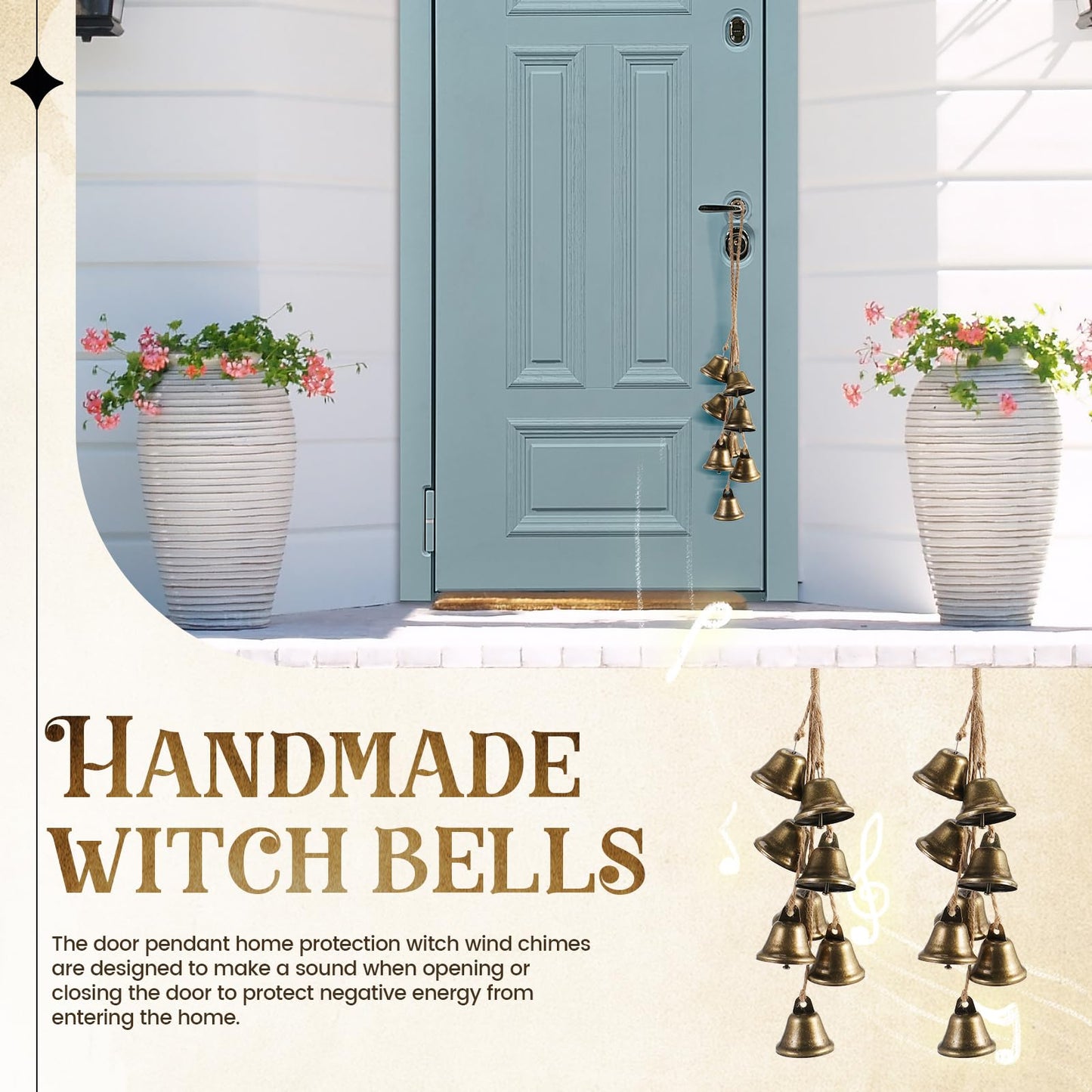2 Pack Witch Bells Protection for Door Knob Outdoor Bells Hanging Wind Chimes Witchy Things Clear Negative Energy Witch Bells Set Wiccan Bell Witchy Gifts(Classic)