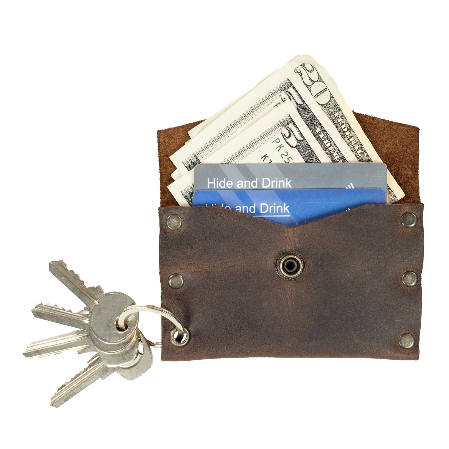 Hide & Drink, Leather Riveted Envelope Keychain, Holds Up to 4 Cards/Card Organizer/Holder/Case/Rustic/Cash/Accessories, Handmade - Bourbon Brown