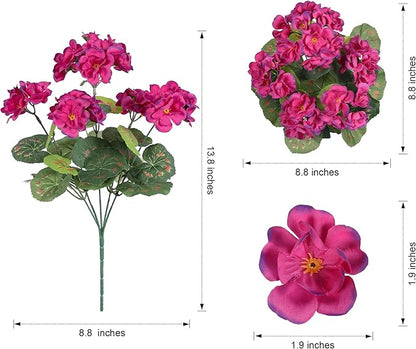 Artificial Geranium Fake Flowers for Outdoors Decoration, 6 Bundles Silk Geraniums Flower UV Resistant Look Real Faux Plants for Outside Planter Front Door Garden Patio Balcony Yard Home, Fuchsia