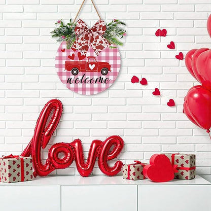 Valentines Day Door Sign for Front Porch Farmhouse Decor Welcome Red Truck with Hearts Hanging Round Wood Signs with Bow and Wreath Rustic Love Home Decoration for Couples Romantic Gift 12"
