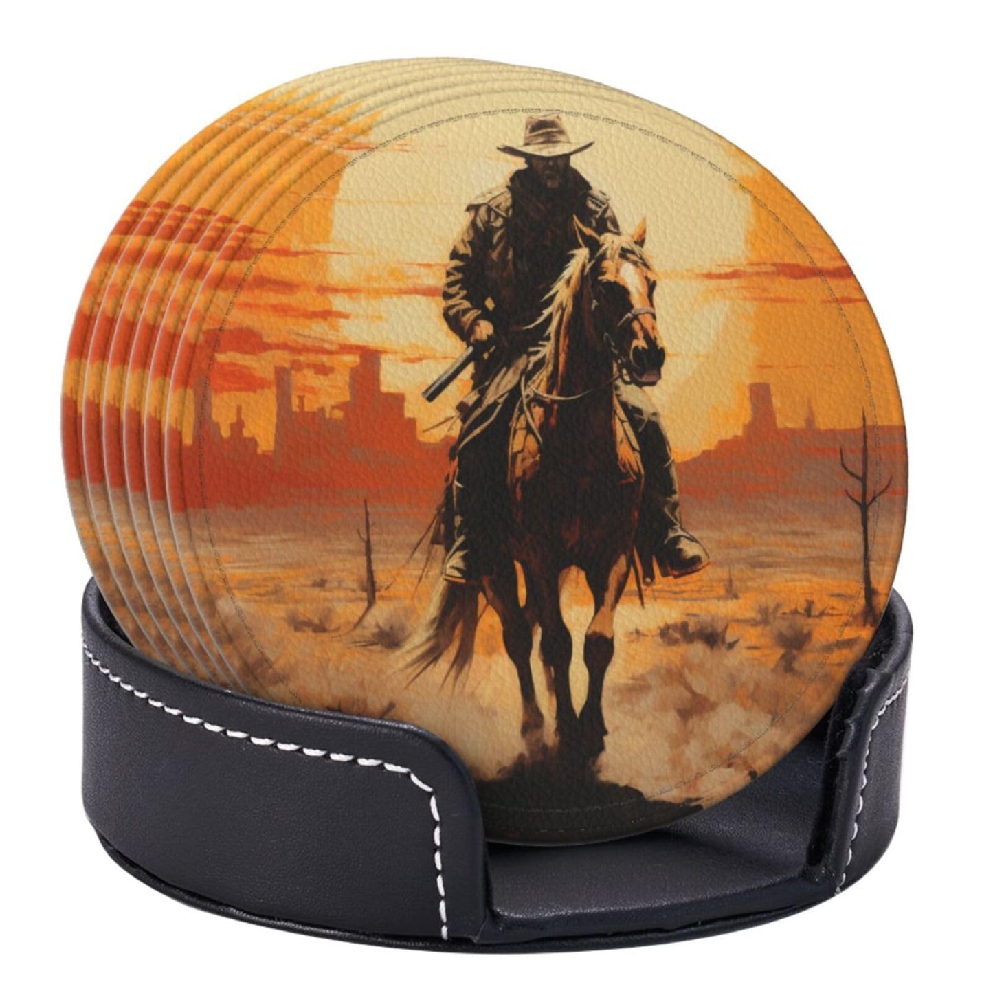 Famame 6 Pcs West Desert Cowboy Sunset Leather Coasters for Drinks with Holder Coaster Sets Drink Table Cup Coasters for Living Room Kitchen Coffee Decor