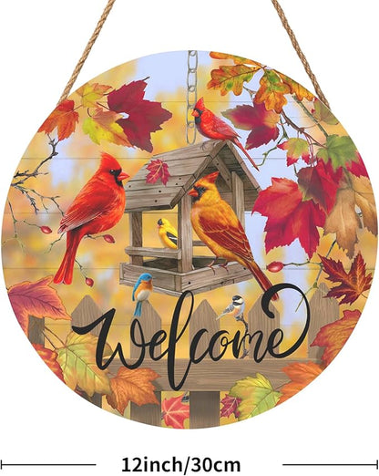 Harooni Fall Cardinal Sign for Front Door Decor, Autumn Maple Leaves Wood Door Hanger for Outdoor Outside Porch, Thanksgiving Farmhouse Wooden Wreath Indoor Wall Hanging Decoration 12"x12"