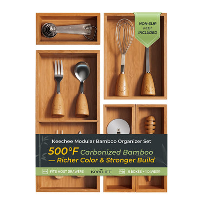 Carbonized Bamboo Kitchen Drawer Organizer, 8 Slots Silverware Organizer, Utensil Holder & Cutlery Tray, 2.2" Deep for Extra Capacity, Non-Slip Feet Included