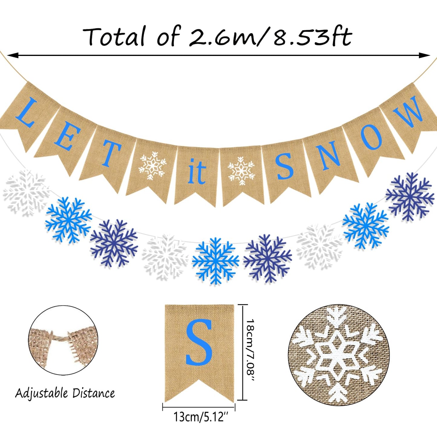 Doumeny Let It Snow Burlap Banner Winter Snowflake Garland Bunting Xmas Be Merry Bunting Banner Blue White Snowflake Party Banner Merry Christmas Hanging Banner for Holiday Home Fireplace Mantel Decor