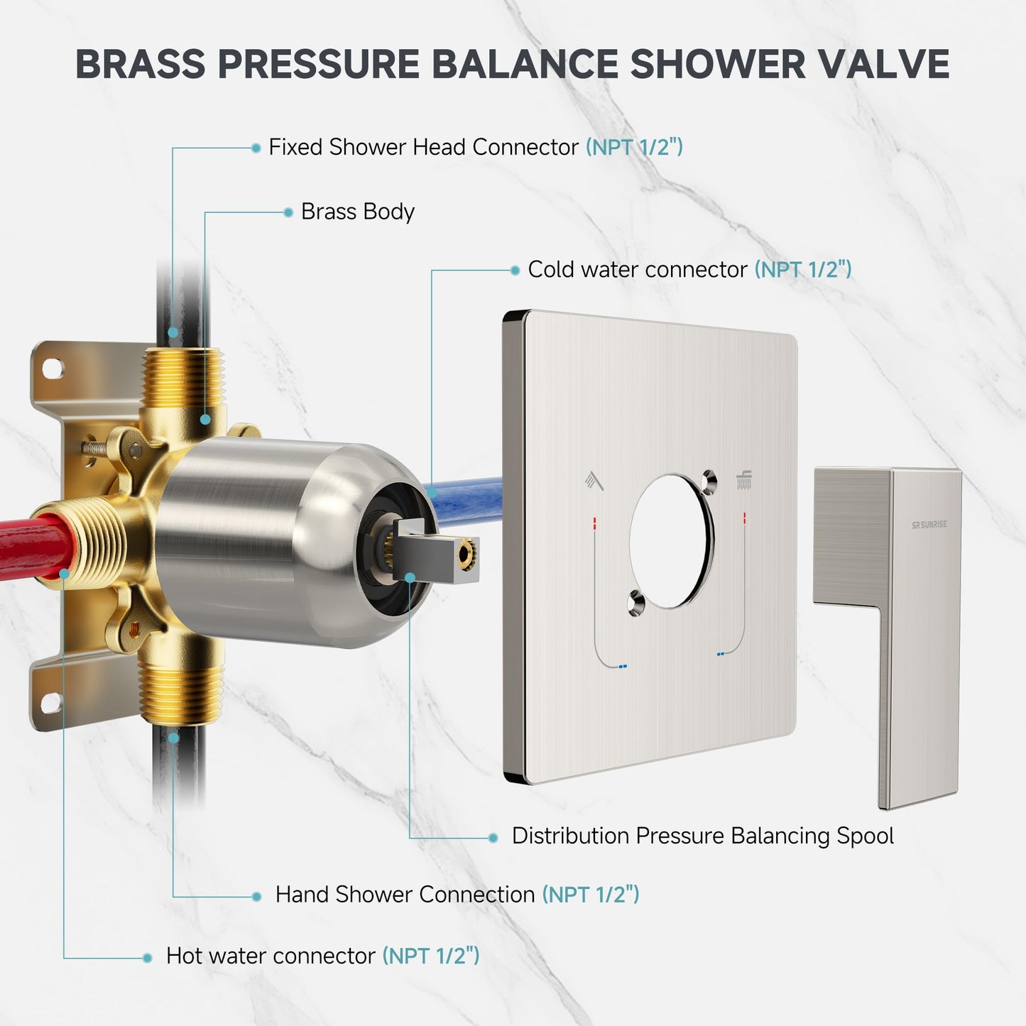SR SUN RISE Shower Faucet Set & System - 10 Inch Rainfall Shower Head & Handle Set Wall Mounted Brushed Nickel Solid Brass Valve Trim Kit Included