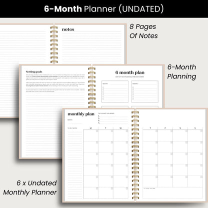 Undated Daily Planner | 2026 Calendar | Large Daily and Monthly Planner with Hourly Schedule, 8.5" x 11" | 6 Month, Full Page a Day, To do List, Time Blocking, Beige Aesthetic Hardcover Spiral Notebook