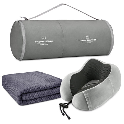 urnexttour Travel Pillow and Blanket Set Neck Pillow Airplane Memory Foam for Traveling Compact with Bag Grey
