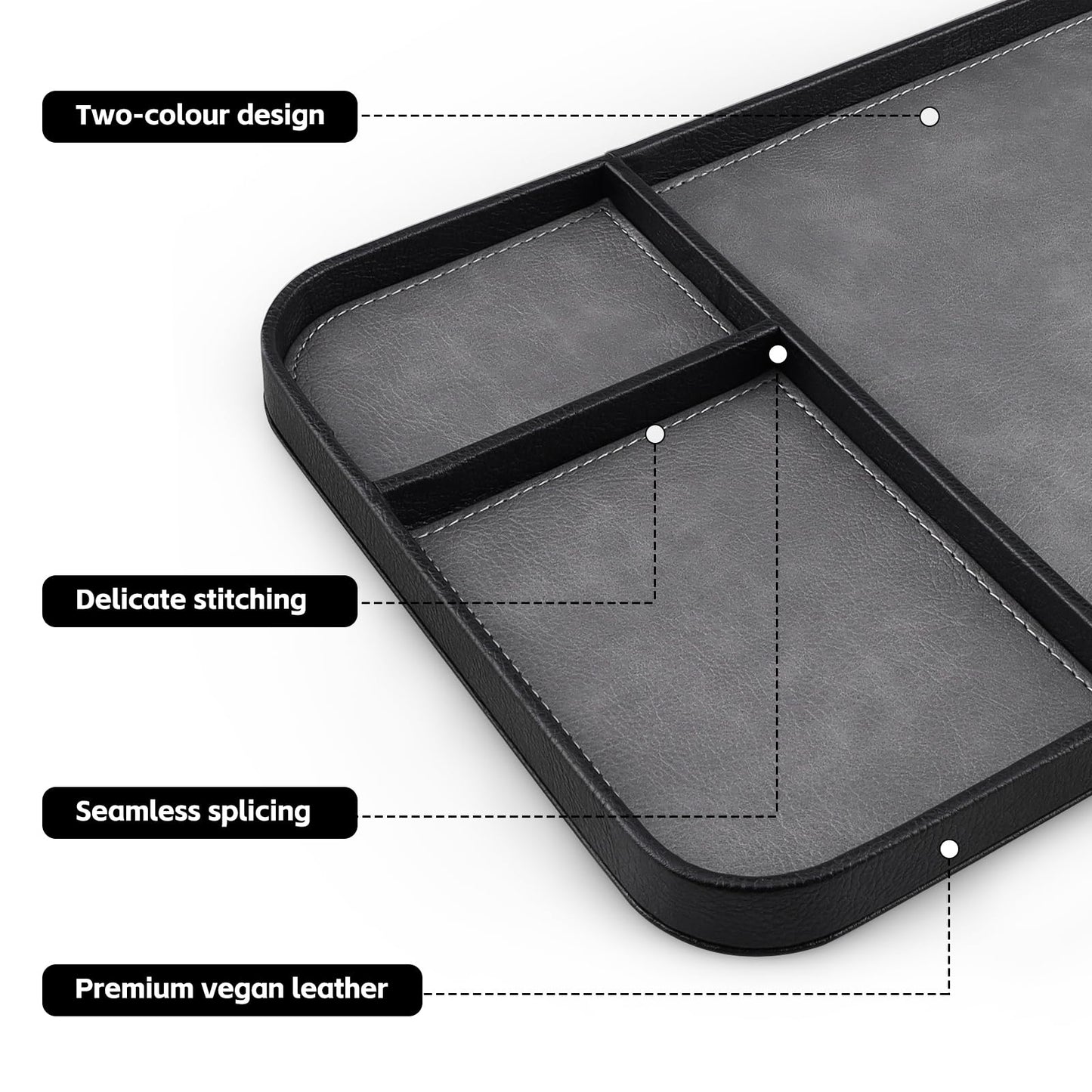 SENEN Leather Tray, Stylish and Organized Multifunctional Tray, for Table Entryway, Premium PU Leather, Catchall Tray for Keys, Watch, Wallet, Jewelry, and More (Black Frame)