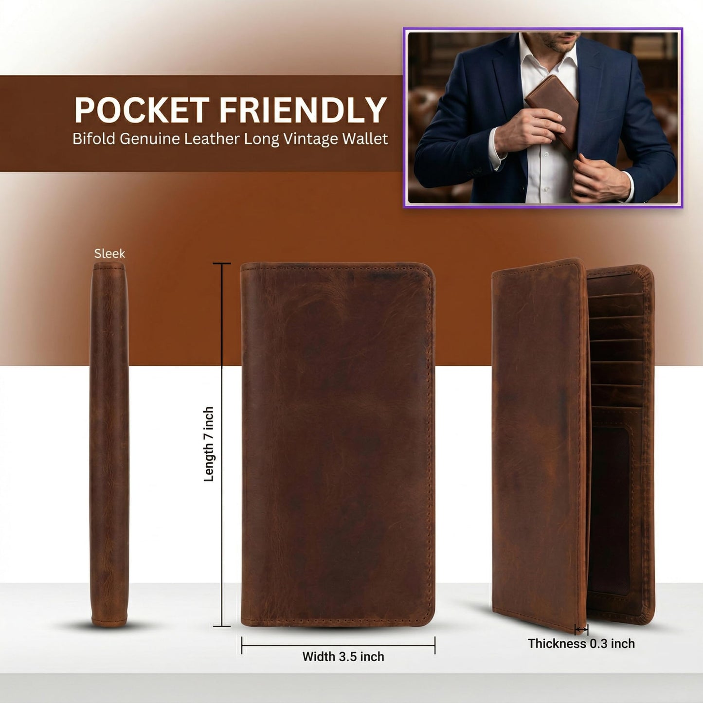 Jajmo Legacy Full Grain Leather Checkbook Cover, Long Bifold Wallet for Men - 11 Compartments