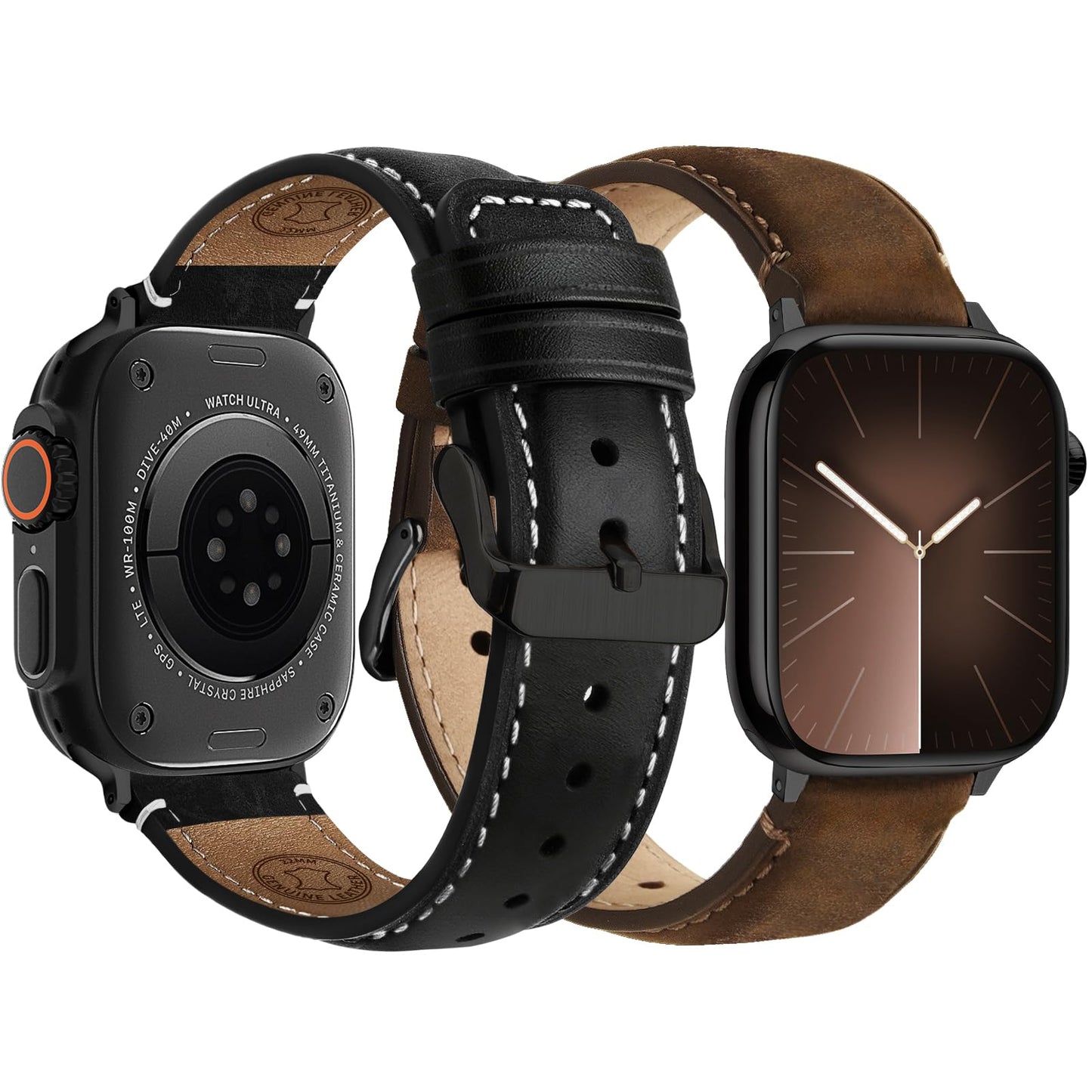 Fullmosa Leather Band Compatible with Apple Watch Bands 49mm 46mm 45mm 44mm 42mm,Top Grain Leather iWatch Straps for Apple Watch Ultra SE Series 11 10 9 8 7 6 5 4 3 2 1,Coffee+Black/Black+Black