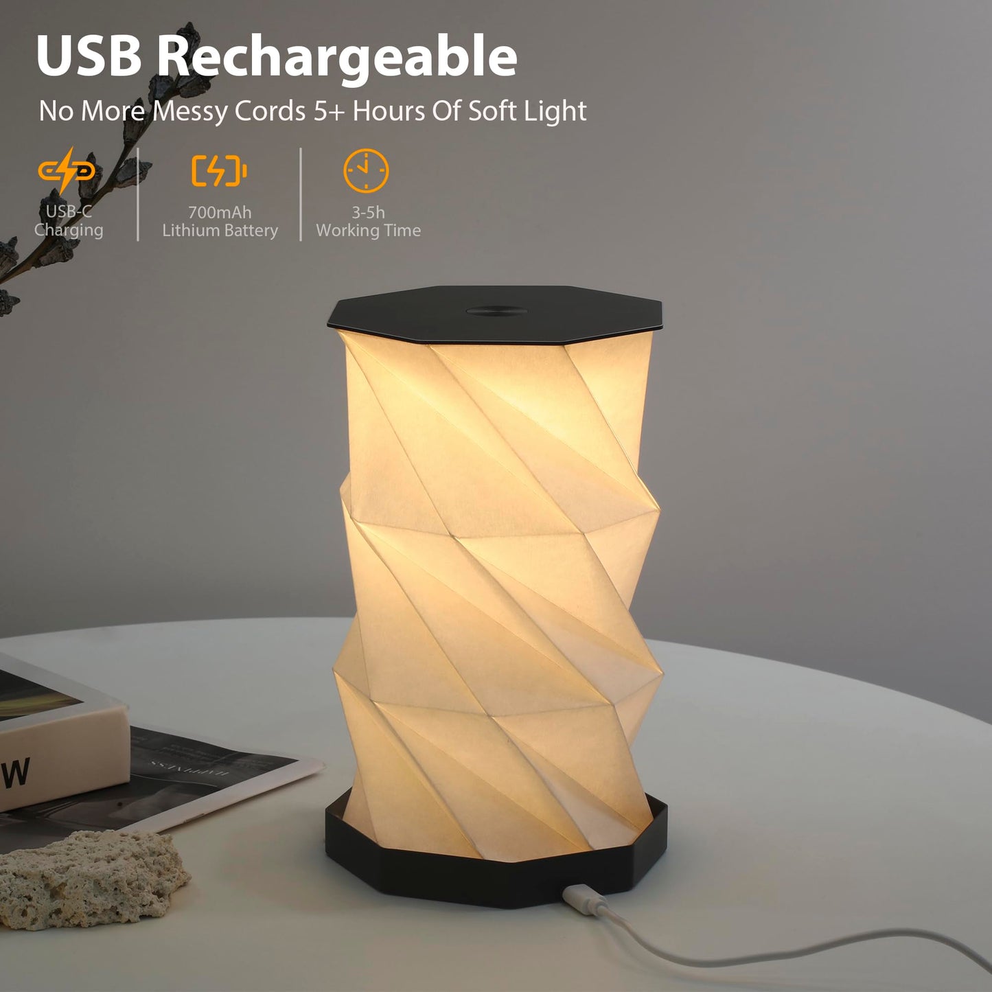 Ba sus Rotatable Metal Desk Lamp, USB Rechargeable Dimmable Reading Light with Metal Cover, Stepless Dimming by Long Press, for Study Desk, Bedroom Decor, Camping Outdoor Lighting (Black)