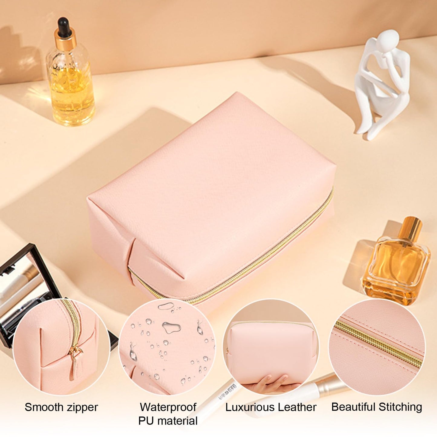 Merkaunis 8 Pcs Preppy Makeup Bag Set, PU Leather Cosmetic Pouch Waterproof Portable Travel Toiletry Bag for Women, Small Makeup Bags Bulk - Gift for Bridesmaid Party (Pink/Beige/Gray/Light Green)