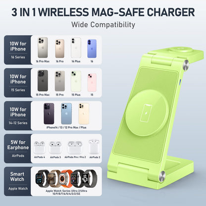 Magnetic Wireless Charger Stand, 3 in 1 Foldable Wireless Charging Station with 20W Adapter, Travel Charger for Multiple Devices for iPhone 17 16 15 14 13 12 Pro/Max/Plus/Mini, iWatch, AirPods