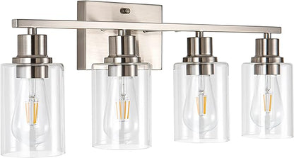 EMONG Brushed Nickel Bathroom Light Fixtures, 4-Light Vanity Lights with Clear Glass Shade, Wall Sconces for Hallway, Farmhouse, Living Room, Kitchen
