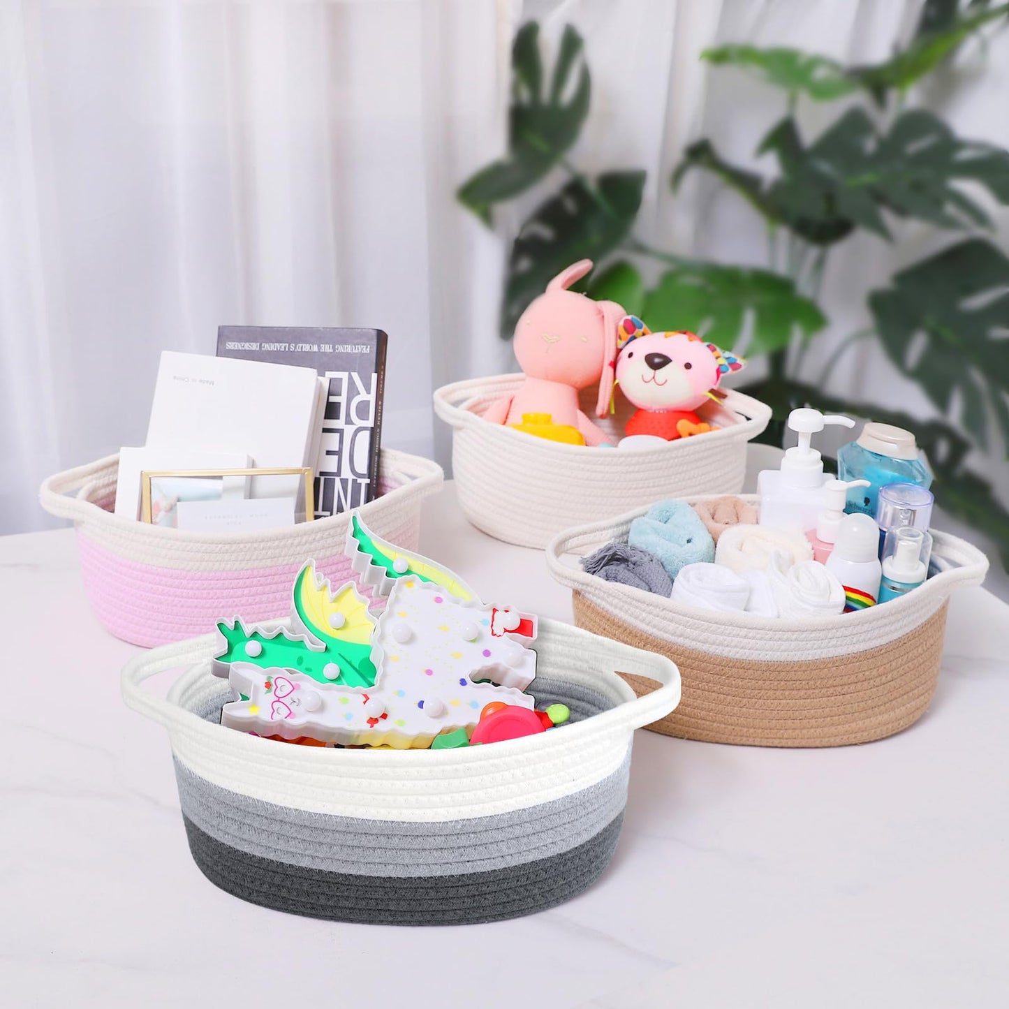 ABenkle Small Basket with Handles, Boho Decorative Rope Woven Dog Cat Toy Storage Bin Shelf Storage Organizer, Easter Christmas Gift Basket, 12"x8"x5"