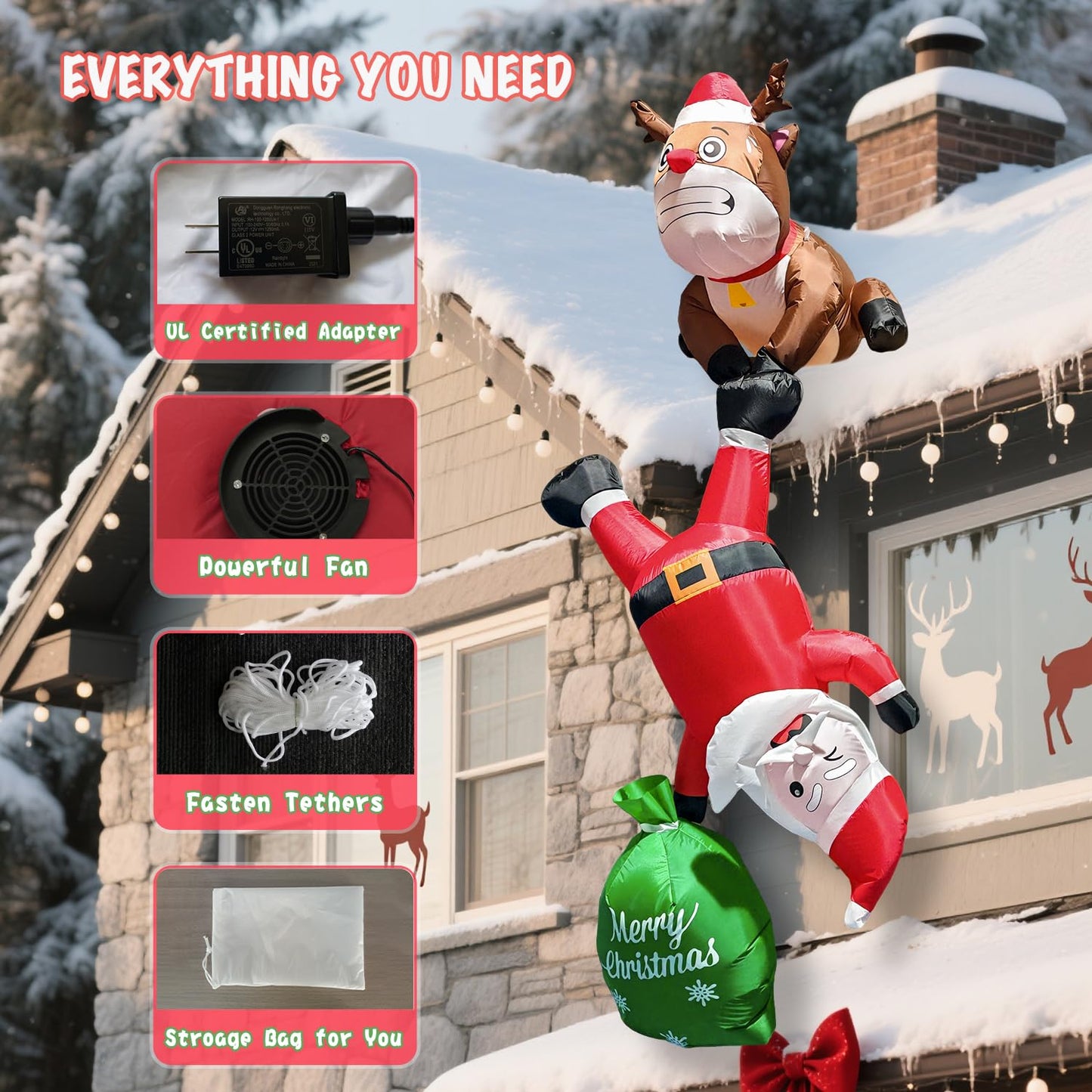 8FT Hanging Christmas Inflatable Outdoor Decoration,Christmas Inflatables Reindeer Pulling Climbing Santa and Falling Gift Box Bags with Build-in LED Lights for Holiday Party Roof Balcony Window