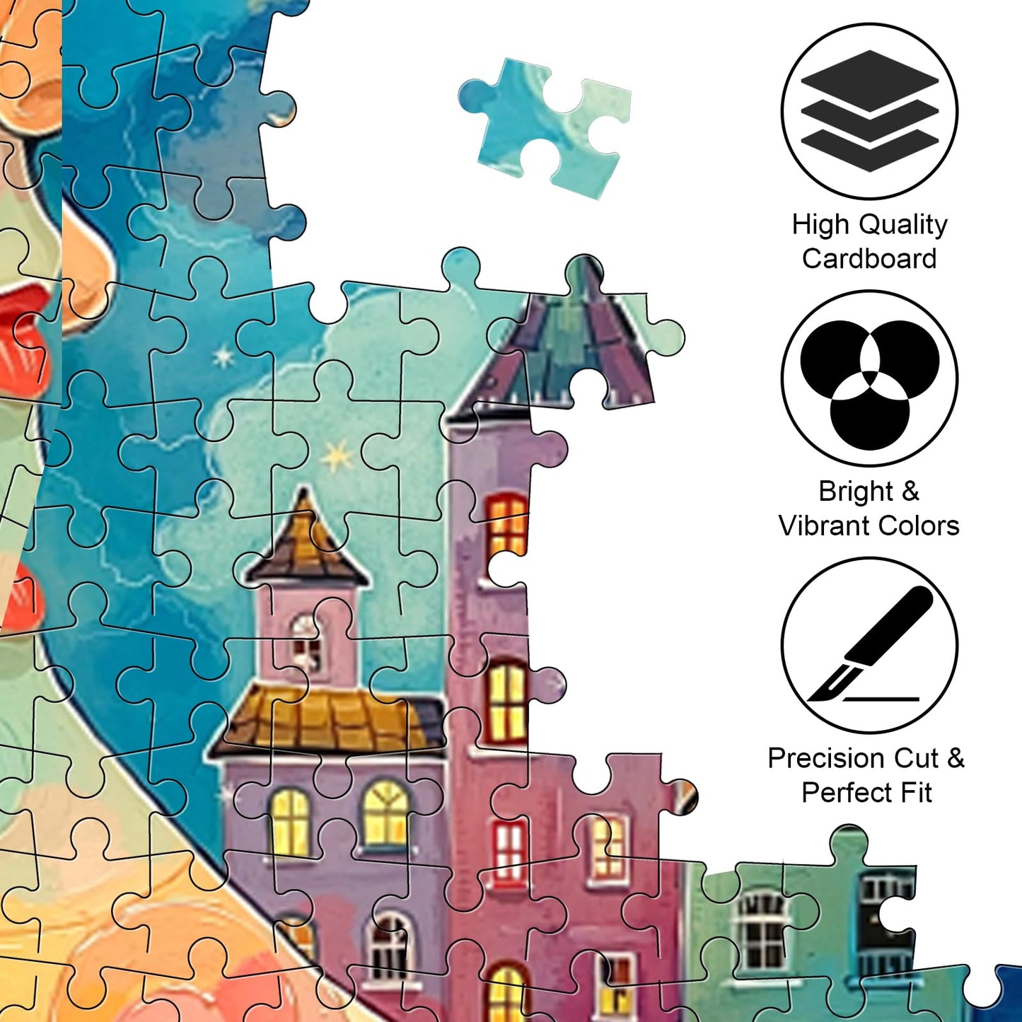 1000 Piece Jigsaw Puzzle, Moonlit Town with Colorful Houses & Flowers