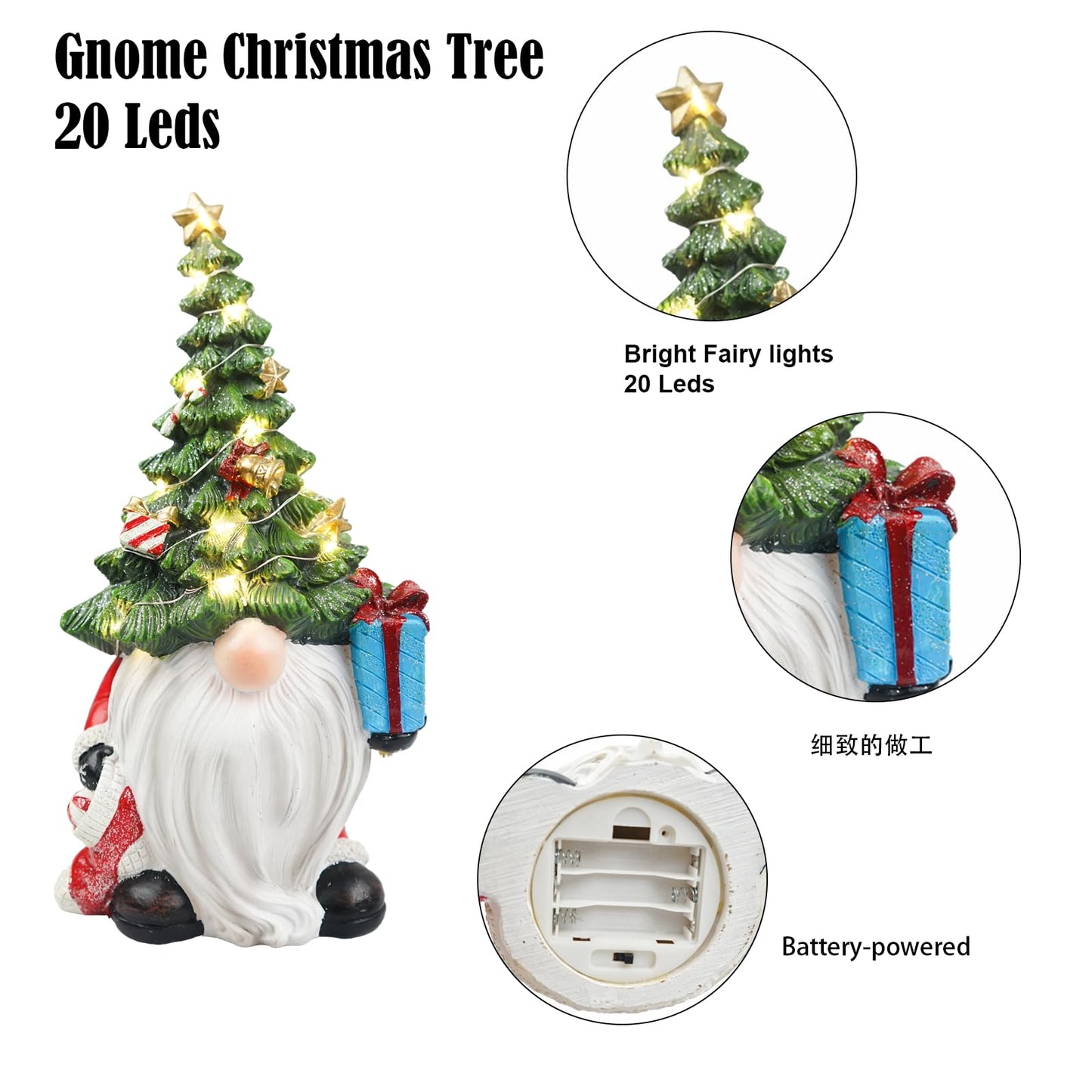 Lighted Christmas Tree Gnome Decoration -11 Inch Resin Xmas Gnomes Figurine Light Up for Holiday Winter Indoor Home Table Decor