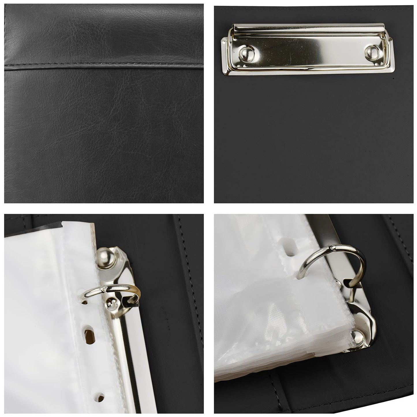 Enyuwlcm PU Leather Padfolio Ring Binder with Clipboard Resume Leather Portfolio with 20 Clear Plastic Sleeves Black