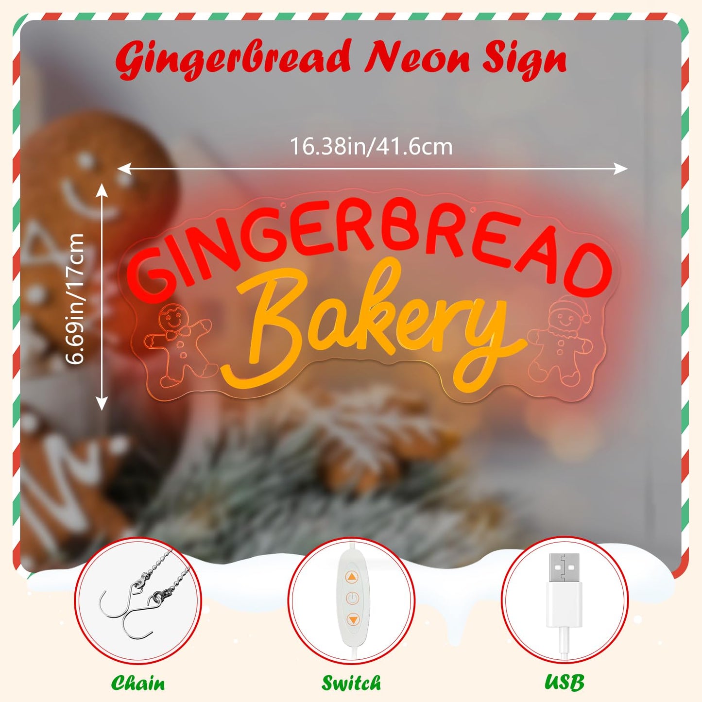 Jeanchrl Gingerbread Bakery Neon Sign Christmas LED Sign for Cafe Shop Kitchen Bedroom Dimmable Christmas Neon Light Decor for Coffee Bar Retro Gingerbread Neon Light Sign Wall Art Gift for Holiday Birthday
