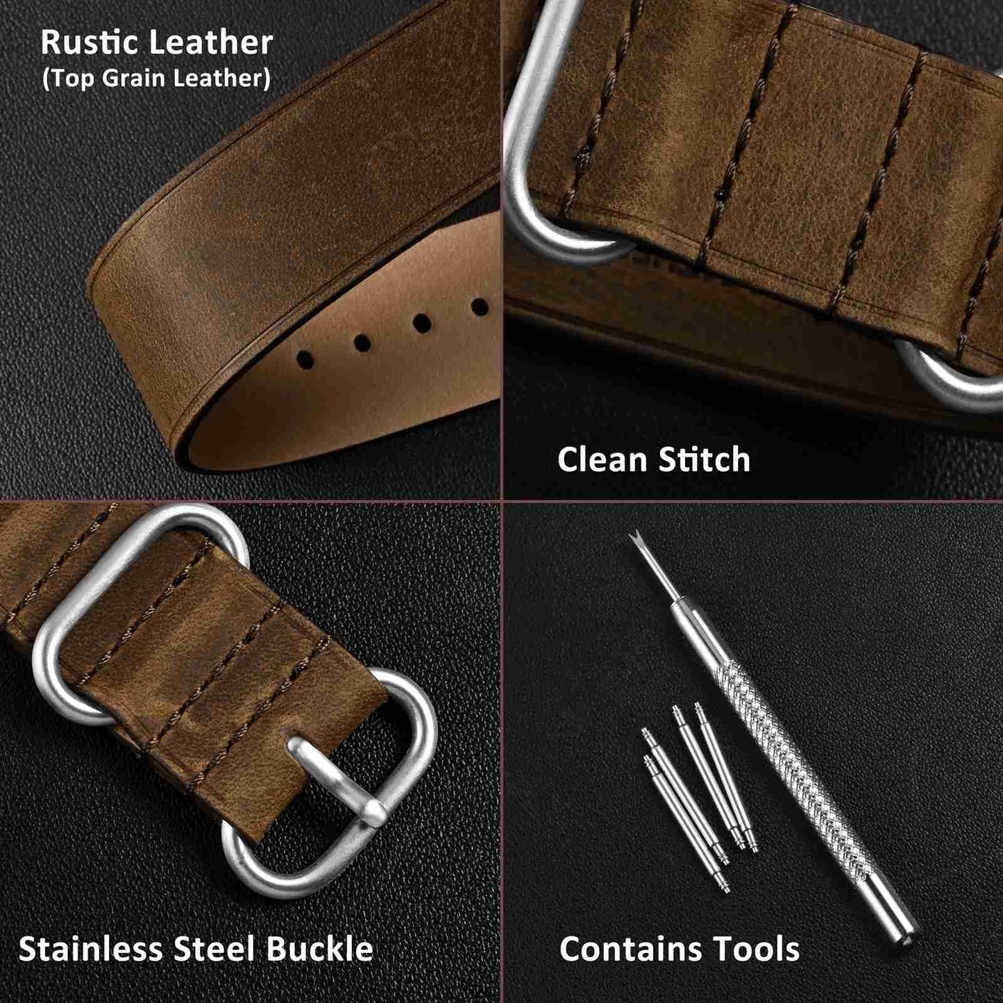 WOCCI 20mm One-piece Watch Band for Men, Top Grain Leather, Brushed Hardware (Retro Brown)