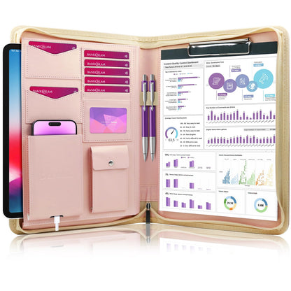 Darolin [Zippered] Portfolio Padfolio Organizer Binder with Clipboard, Leather Business Interview Resume Document Holder Folder Planner Organizer for Office Conference Notepad Bag for Women - RoseGold