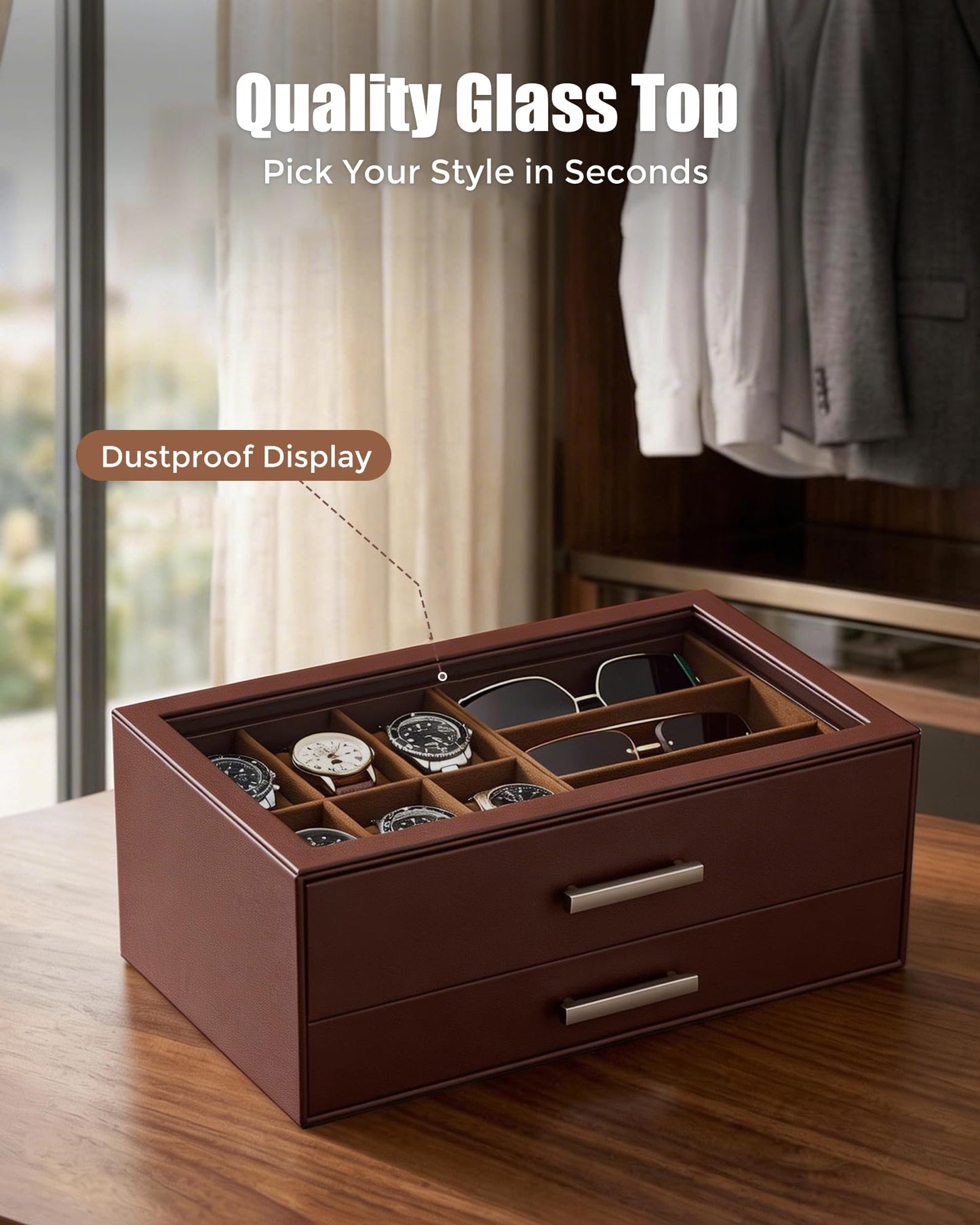 ProCase Mens Jewelry Box Pull-Out Drawer, 6 Slot Watch Case & 5 Slot Sunglasses Organizer, Fathers Day Gift for Dad, 2-Tier Leather Watch Box with Glass Display Top, Gift for Men & Women-Espresso
