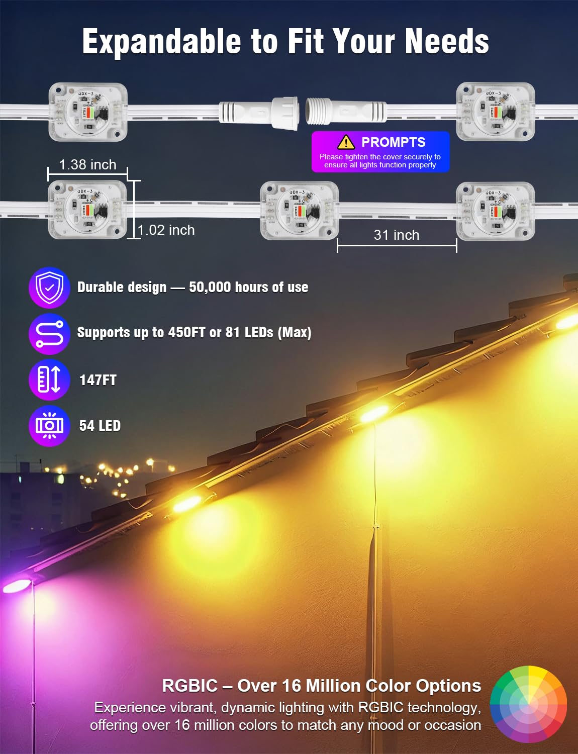 MGYIF Permanent Outdoor Lights 150FT RGBIC LED Smart LED Lights, App/Remote Control IP68 Waterproof for Holiday Decor, 50 Scene Modes, DIY Lights Lighting Timing for Christmas Halloween Party M2