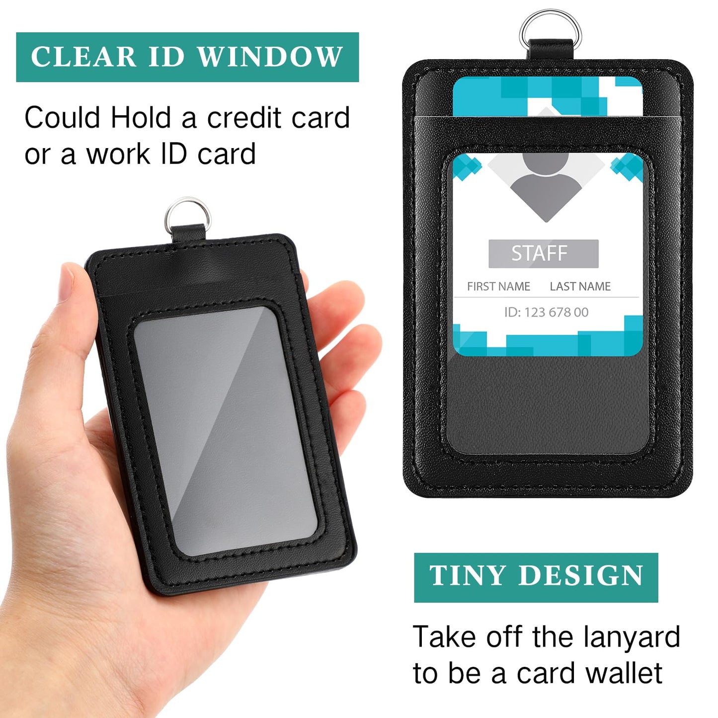 Ireer 48 Pcs ID Badge Holder with Lanyard, PU Leather Card Holder Vertical with Clear ID Access Card Window, Slot for Office Work, School Student, Black