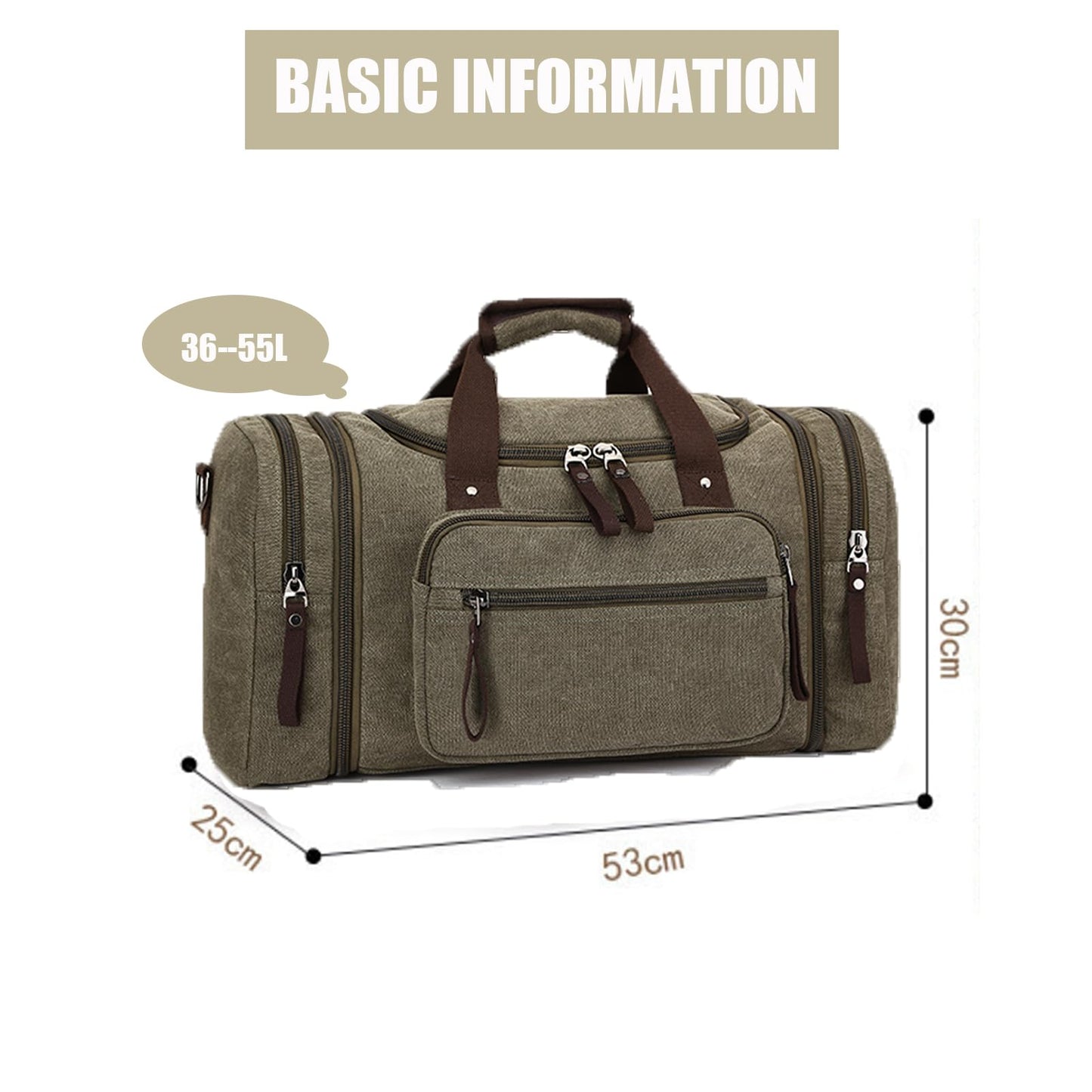 Travel bag large capacity men's luggage bag, expandable canvas leather 55 liters large capacity weekend hiking waterproof(green)