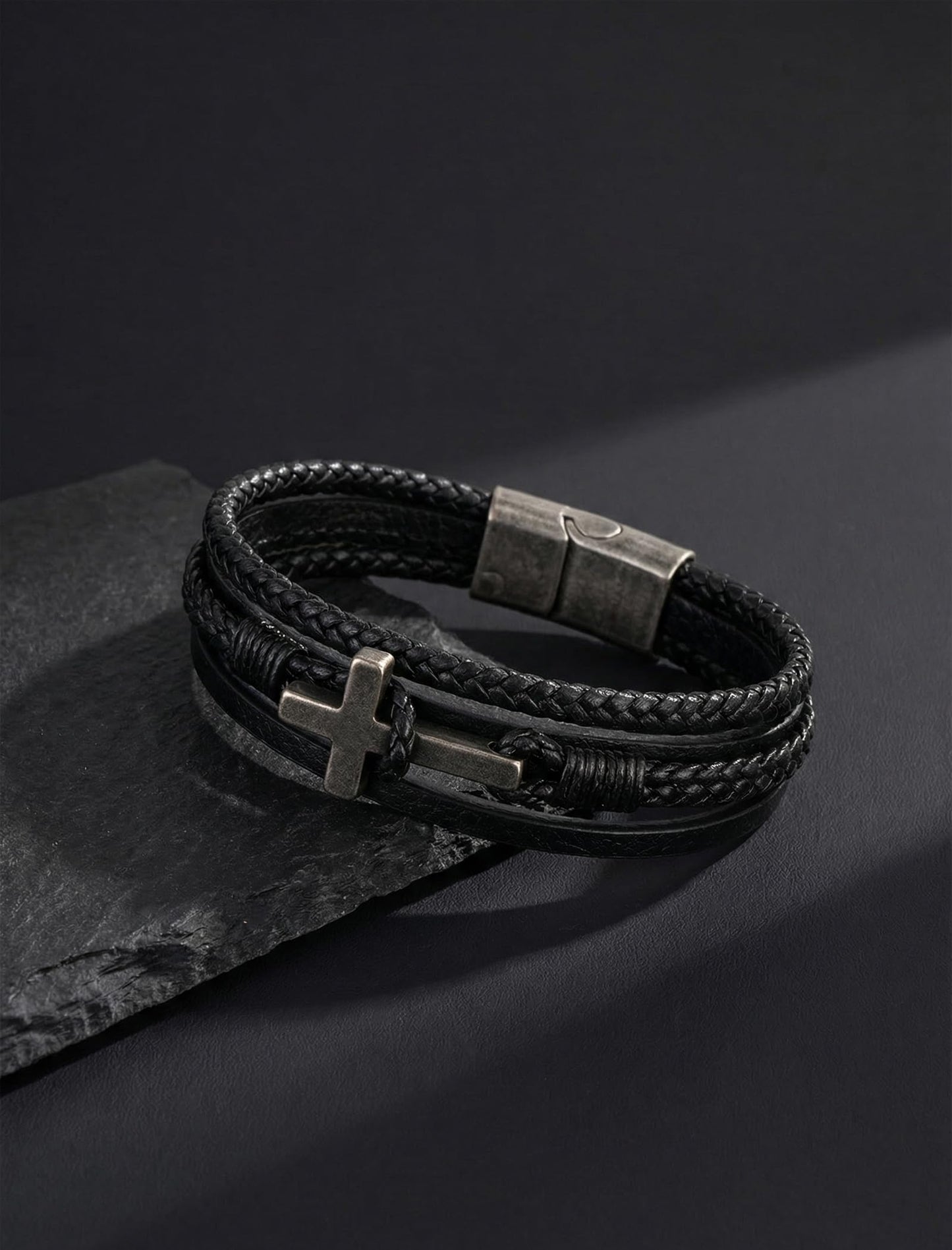 Mrcaois Retro Black Leather Bracelet Men, Vintage Cross Charm Bracelets - Genuine Leather Woven Strap for Graduation - Black, 8.3 Inch