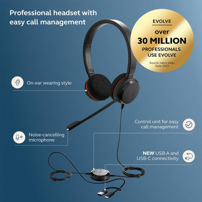 Jabra Evolve 20 Wired Headset (2025 Edition) - Dual-Ear Set for Office and Work from Home - Call Control - Certified for MS Teams - USB-C/A Connectivity - Black