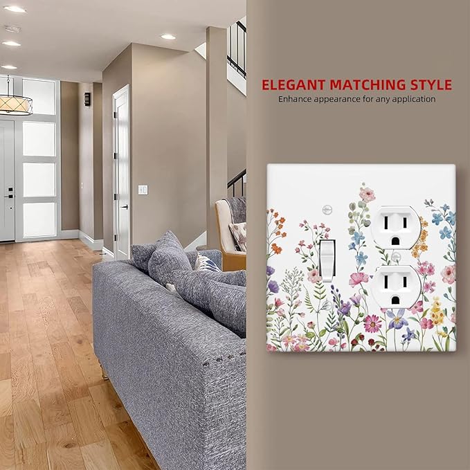 Decorative Light Switch Cover Plate Rustic Wild Floral Vintage Watercolor Flower 2 Gang Outlet Covers 1 Toggle 1 Duplex Wall Plate Decorate Electrical Switch Plate Covers for Bedroom Bathroom