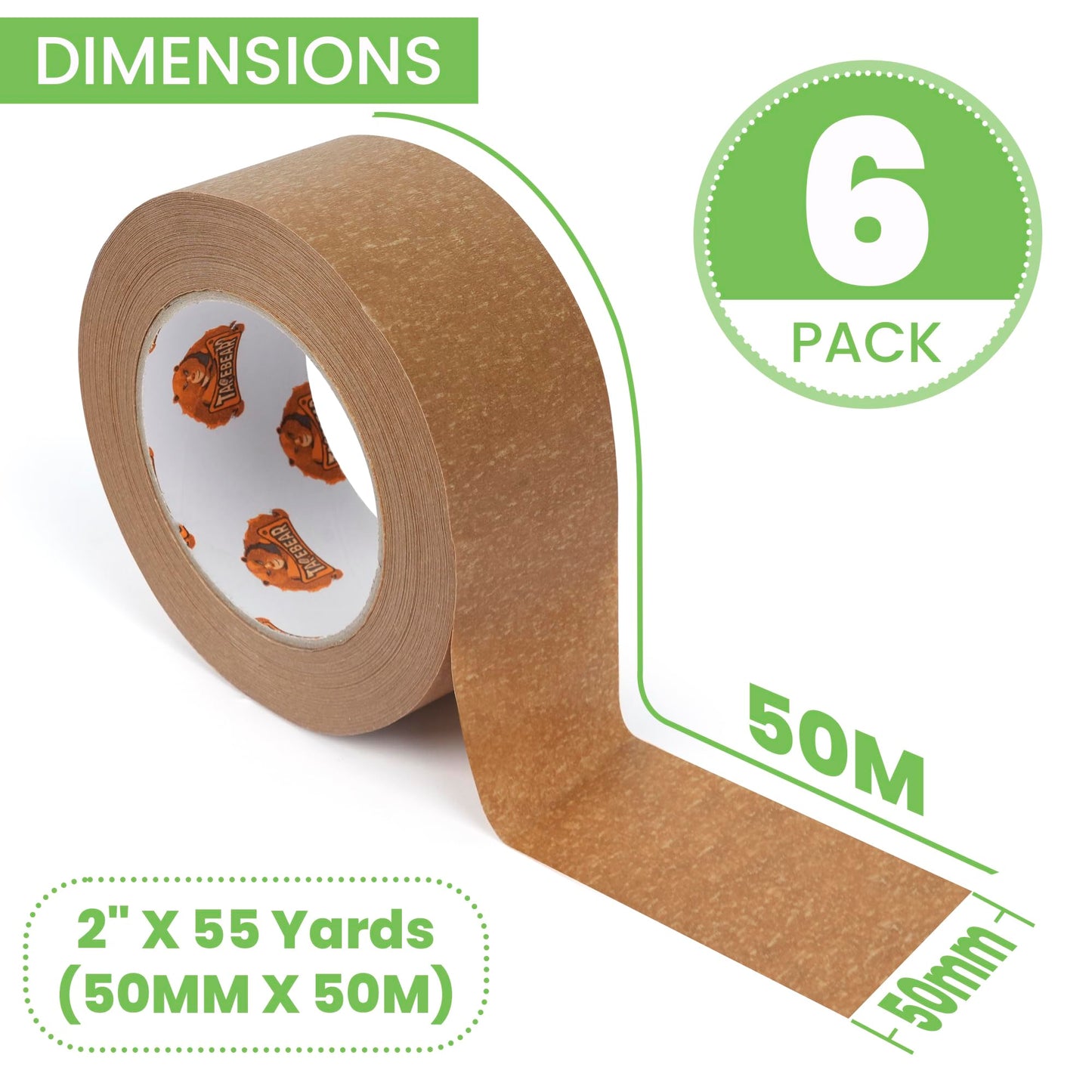 TAPEBEAR Eco-Friendly Kraft Paper Tape, Biodegradable Heavy Duty Packing Tape 2Inch x 55Yard, Recyclable Packaging Tape Self Adhesive Box Tape for Shipping, Sealing, Moving & Masking, 6Rolls