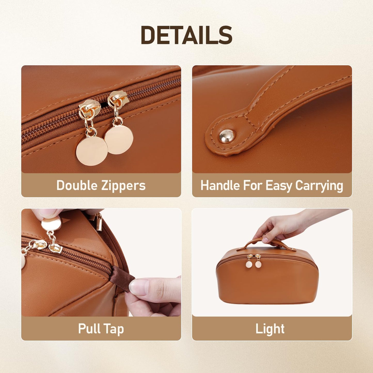 ETTP Large Capacity Cosmetic Bag for Women, Waterproof PU Leather Makeup Bag for Travel,Toiletry Bag Make up Organizer with Divider and Handle (Brown)
