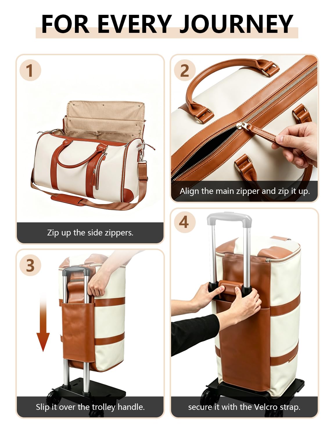 BSAKG 3 in 1 Convertible Garment Duffle Bags for Travel 45L Smooth Zipper Rolling Duffle Bag With Wheels Waterproof Carry On Duffle Bag for Men&Women with Weekends Weddings Business Short Trips Beige