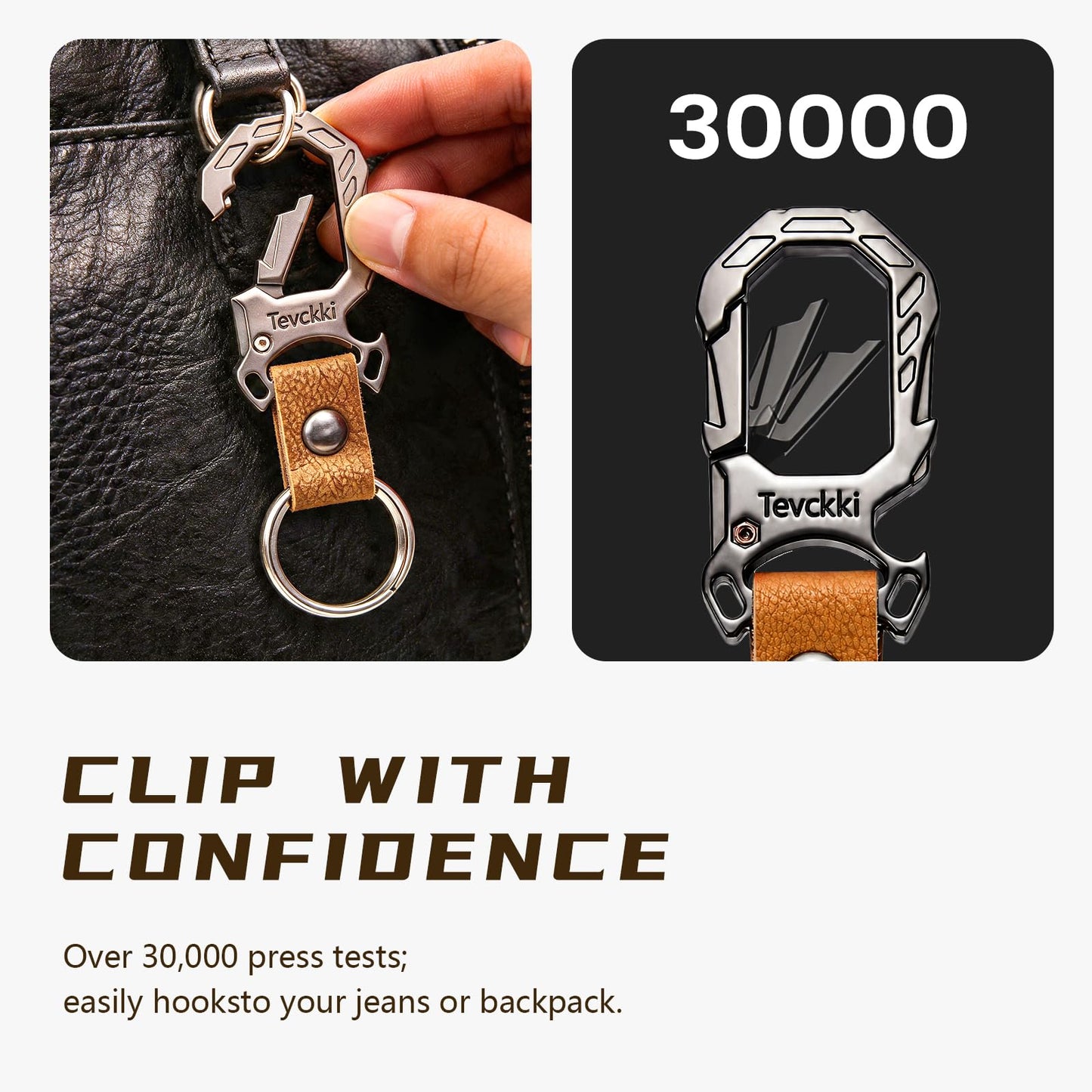 Tevckki Tactical leather keychains Carabiner Car Key Chains Bottle opener .Metal Clip Keychain with Anti-Lost 2 Key Rings Universal for men and women.(Brown)