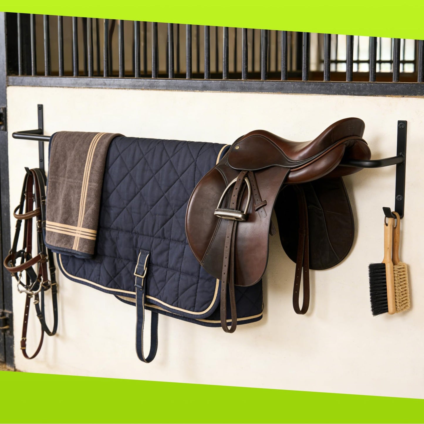 Zwinz 4Pcs Heavy Duty Horse Blanket Rack with Bridle Hooks, Wall Mounted Assembled Blanket Bar, Saddle Pad Rack for Horse Tack Storage, Black